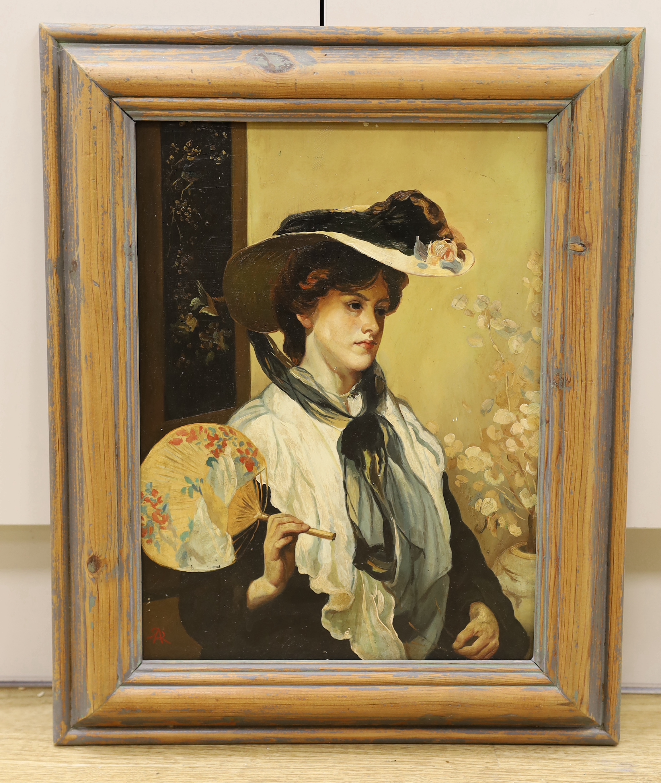 After Walter Ernest Webster (1878-1959), oil on board, Portrait of a lady holding a Japanese fan, 38 x 28cm